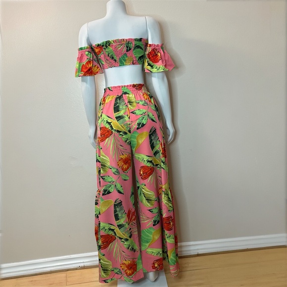 Peach floral print high waisted wide leg pants off the shoulder crop top set - Picture 3 of 10